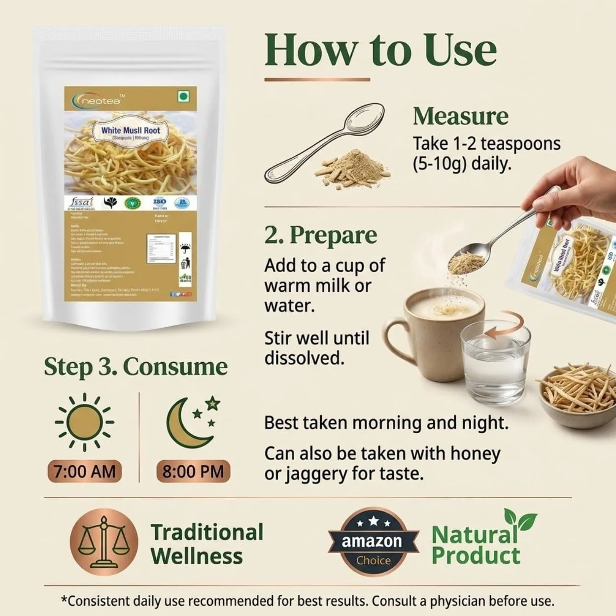 White Musli Root Raw Herbal | Safed Musli Dried Whole Root | Natural White Musli Roots for Traditional Herbal Preparations, Tea & Home Use | Premium Dried Herb