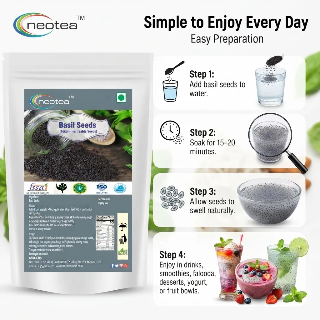 Sabja Seeds Whole Natural Basil Seeds 100% Pure Raw Herbal Seeds for Falooda, Beverages, Desserts and Daily Kitchen Use, Naturally Clean and Easy to Soak