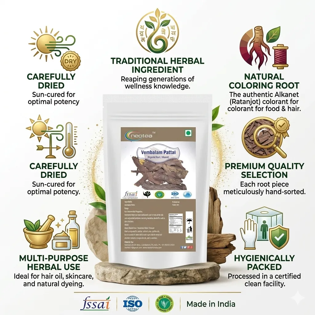 Vembalam Pattai Raw Herbal Bark (Rajantot Root Alkanet) | Natural Vembalam Tree Bark | Whole Dried Vembalam Pattai | Traditional Indian Herbal Ingredient | Clean & Naturally Dried Raw Herb