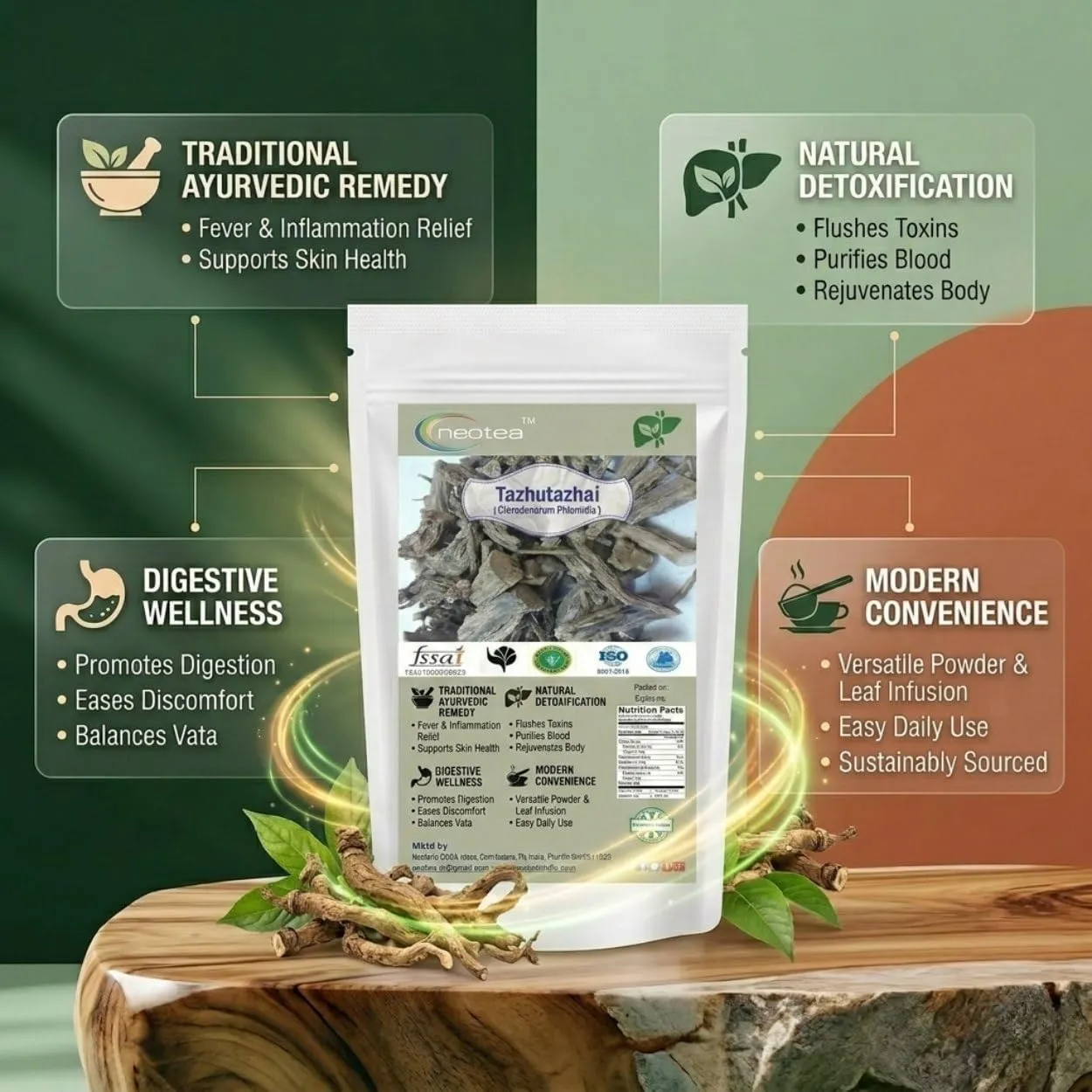 Flax Tazhutazhai Taggi Gida Arna (Clerodendrum Phlomidis) | 100% Pure, Natural, Chemical-Free Ayurvedic Herb for Wellness, Detox, Skin Care & Digestive Health