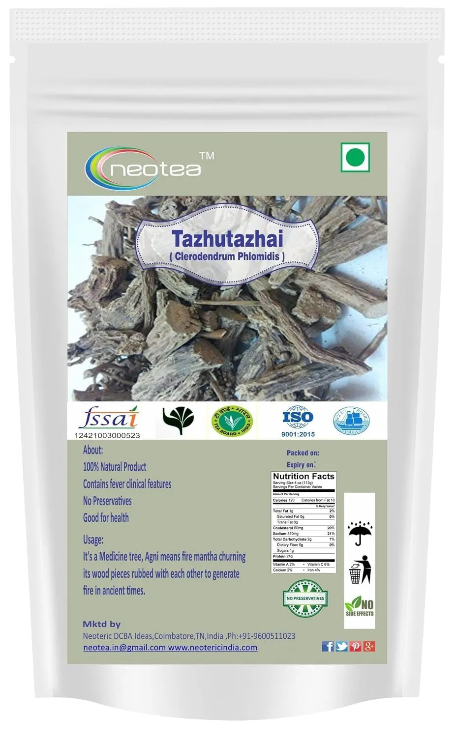 Flax Tazhutazhai Taggi Gida Arna (Clerodendrum Phlomidis) | 100% Pure, Natural, Chemical-Free Ayurvedic Herb for Wellness, Detox, Skin Care & Digestive Health